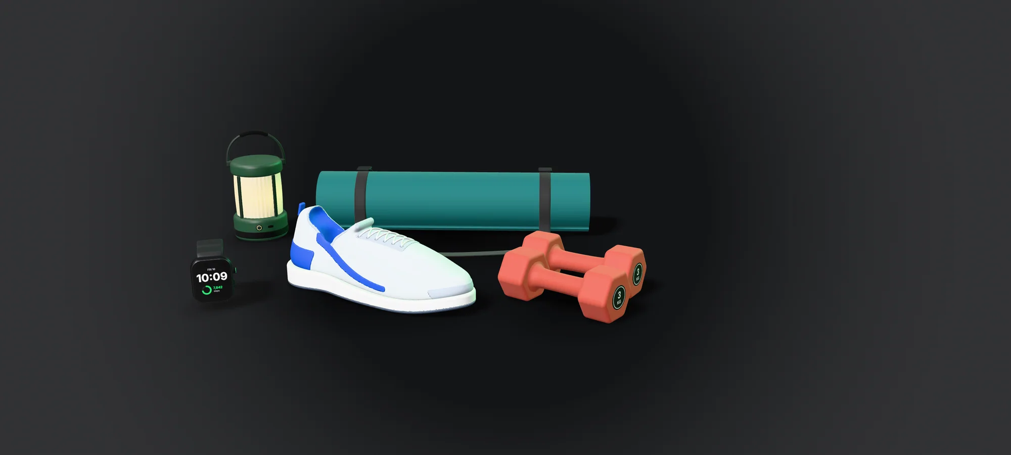 Sport and outdoor gear on a dark backdrop